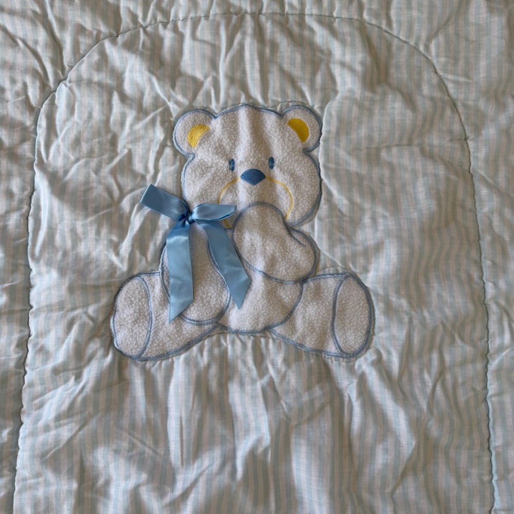 Blue White Striped Quilted Baby Blanket Teddy Bear Applique Satin Bow Nursery